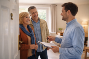 Homeowners meeting a professional house sitter before leaving their home